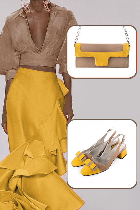 Women's yellow and biscuit beige elegant slingback heels, with a bow on the front. Round toe. Low flare heels - Worn view